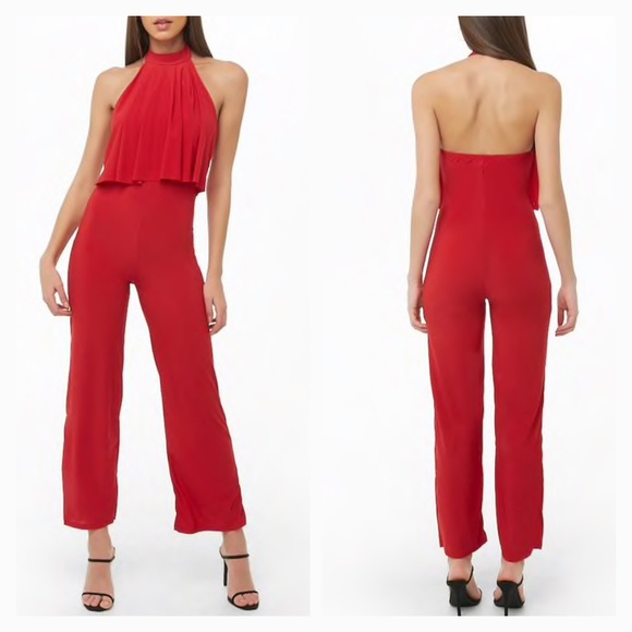 Wide Leg Red Halter Jumpsuit - Picture 2 of 3